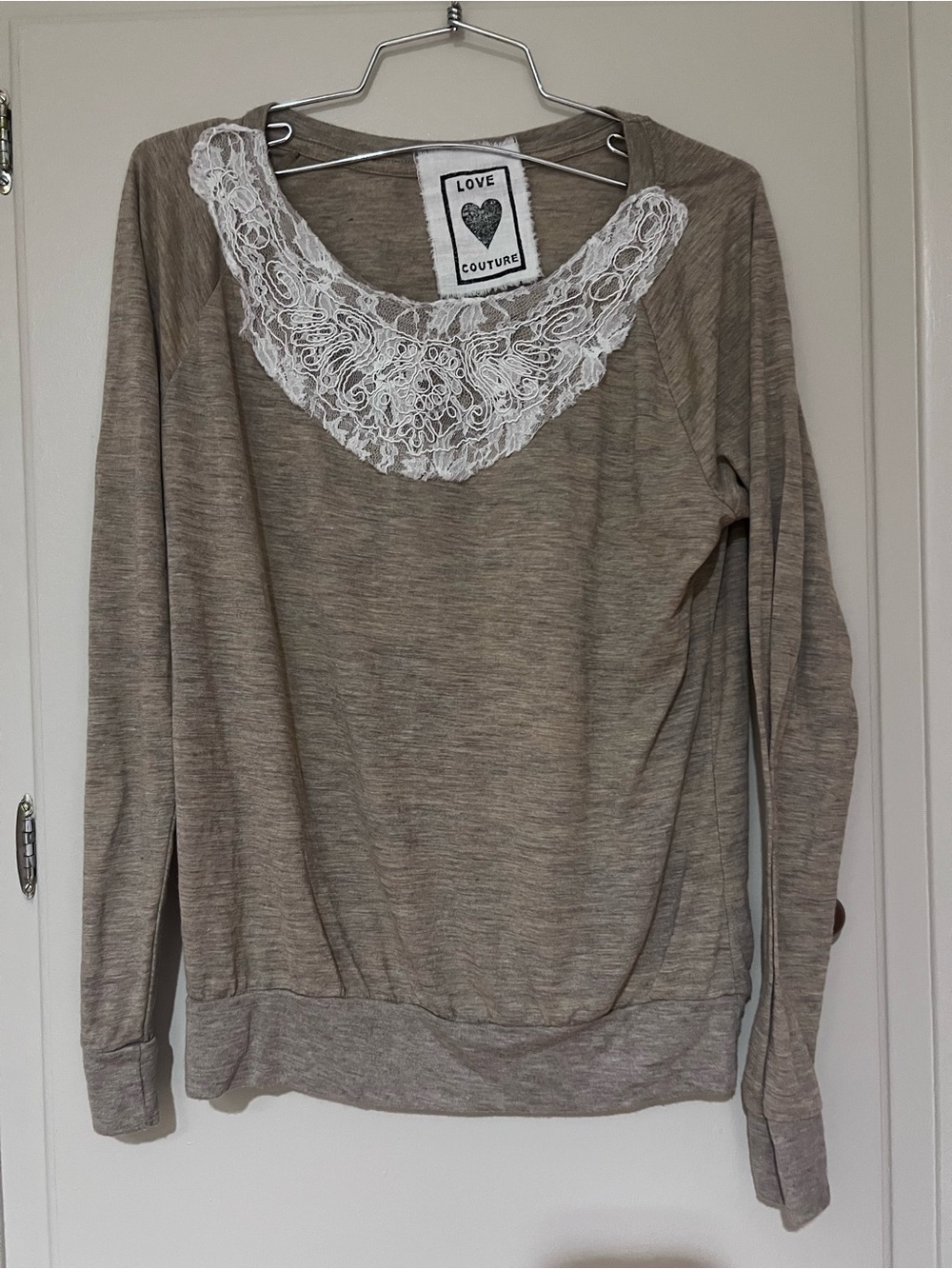 Love Couture Lace-Trim Taupe Long Sleeve Top medium